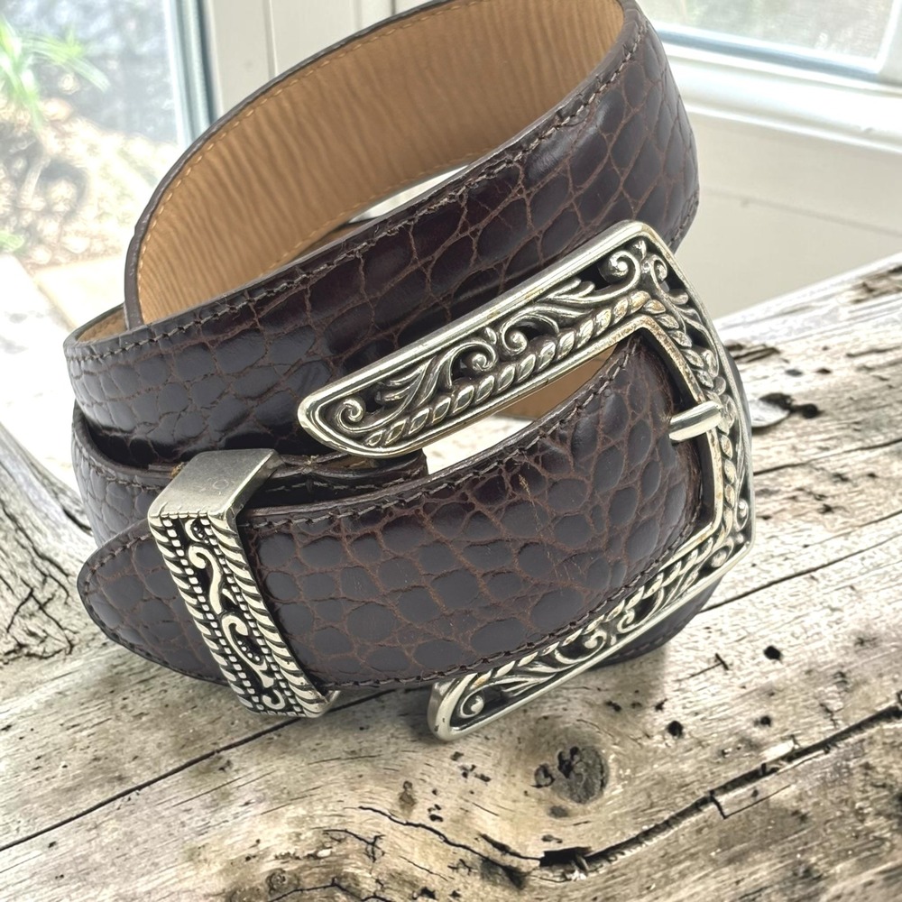 Vintage Belt Brighton 32 Brown Croc Embossed Leather Ornate Silver Buckle USA